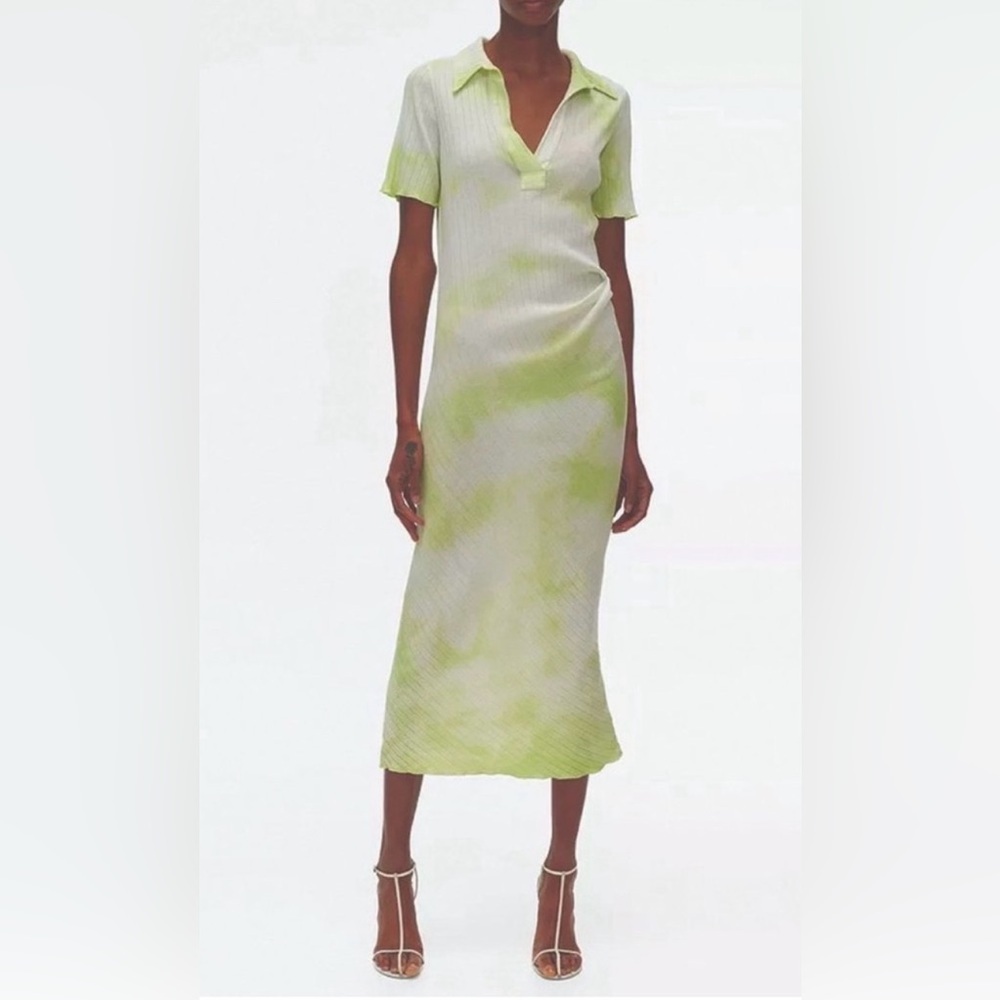 Helmut Lang  Tie-Dye Rib Cotton Polo Midi Dress in Electric Yellow Batik Size M